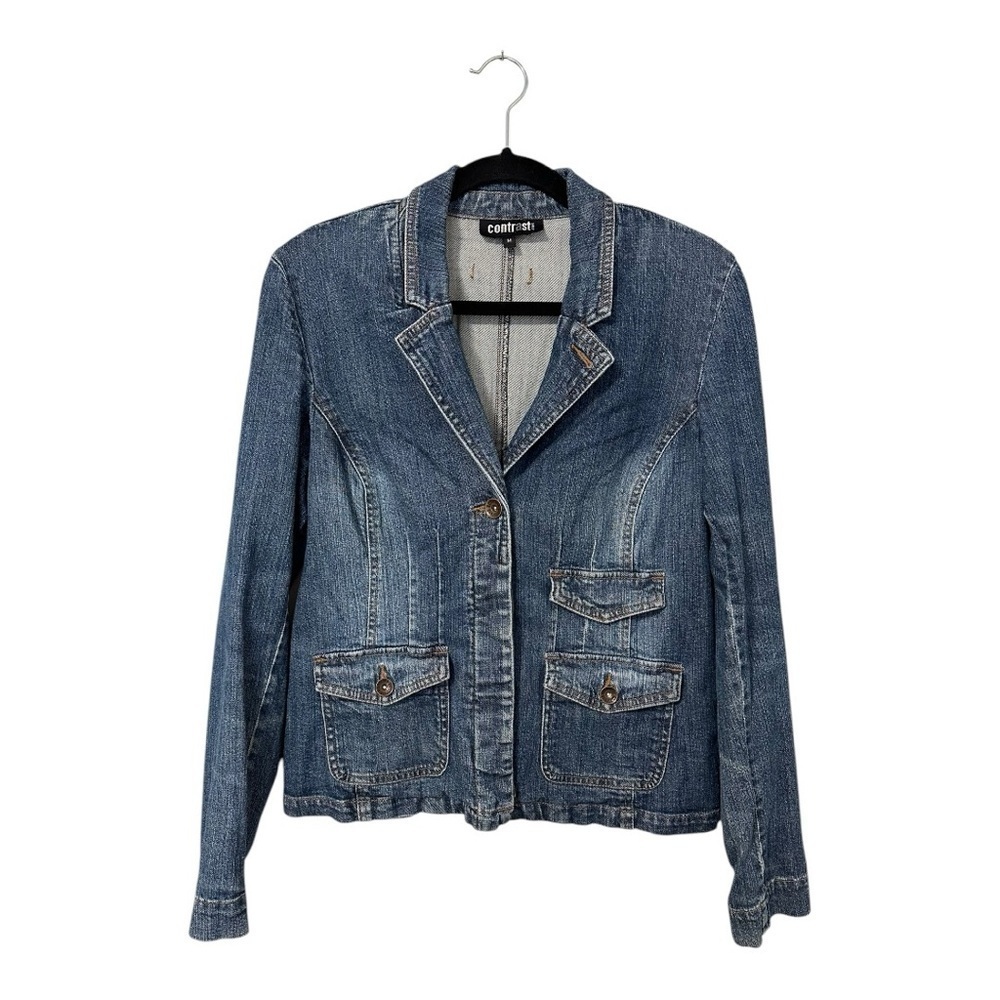 Contrast Vintage Y2K Medium Wash Denim Blazer Fitted Jean Jacket - Size Medium